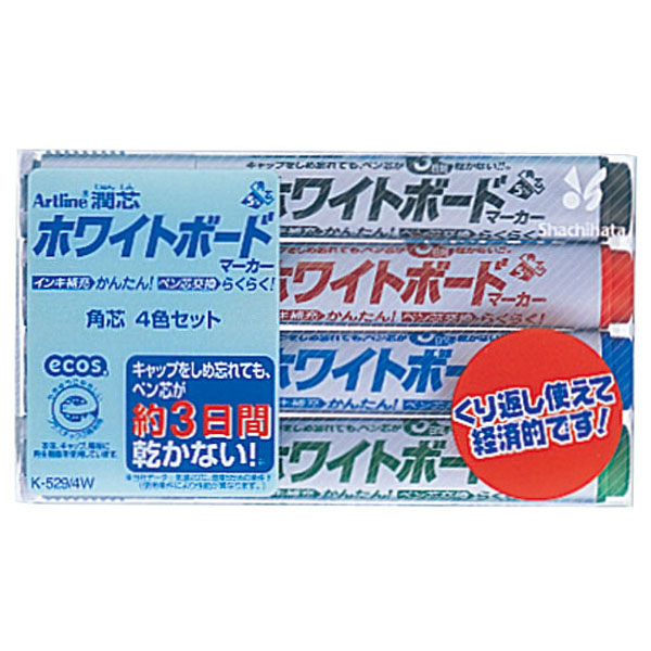 シヤチハタ Shachihata アートライン潤芯 ホワイトボードマーカー 角芯４色セット K-529/4W【メール便可】 ４色セット (黒・赤・青・緑)（品番：K-529-4W）詳細情報【こまもの本舗】