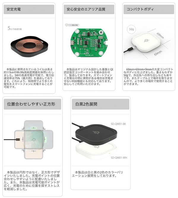AREA/エアリア 正規Qi認証済み ワイヤレス充電パッド SD-QW01-BK(sb)【メール便不可】　ブラック